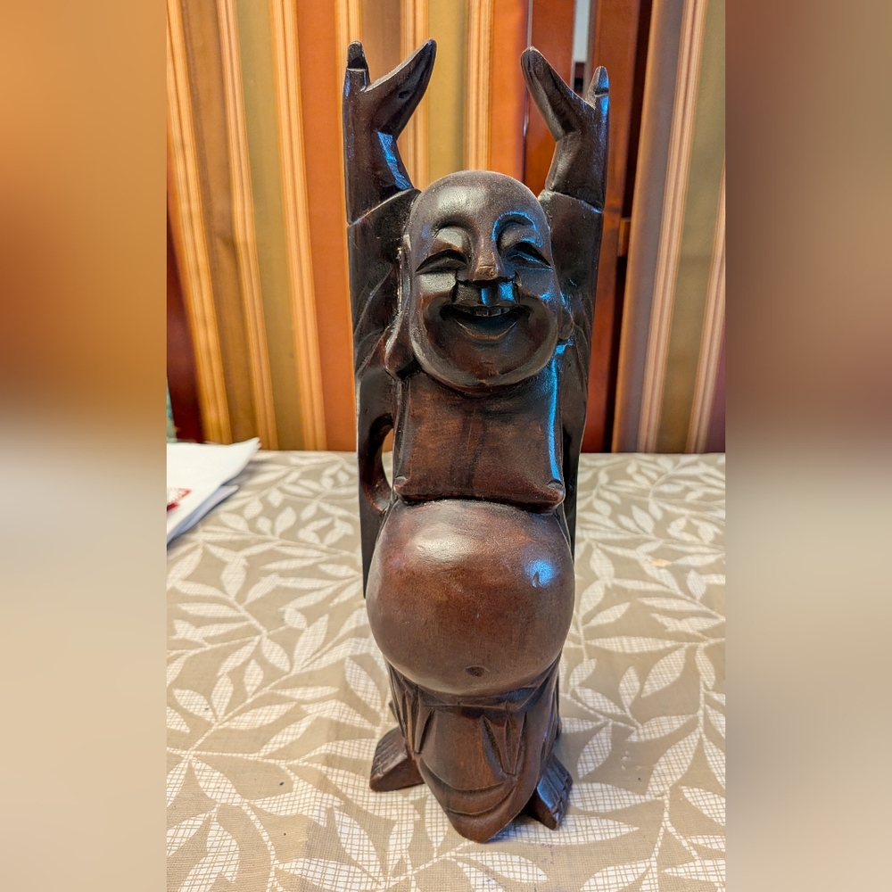 Vintage Hand Carved Wooden Laughing Buddha Statue 12 Inches High, Quite light